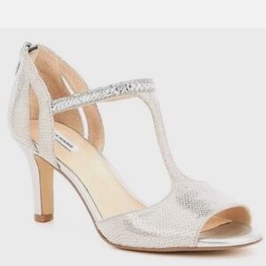 Alex Marie Silver T-Strap Heels, Size 5